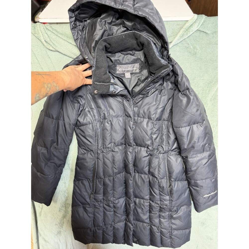Eddie Bauer Womens Down Puffer Coat Hooded Black Long Winter Jacket Size M